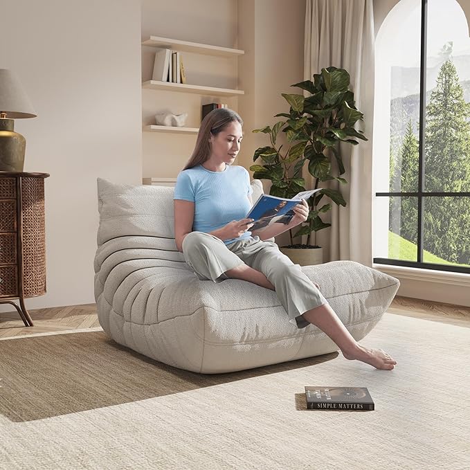 Bean Bag Chair, Oversized Bean Bag Chair for living Room, Fireside Chair for adults with Memory Foam Filled, Big Accent Sofa Lounge Floor Sofa for Gaming, Reading, Relax, No Assembly Required. (White)