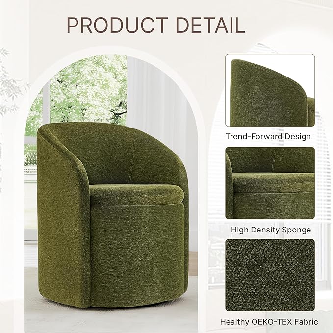 Upholstered Dining Chairs with Casters, Rolling Modern Dining Room Chairs with Hidden Storage & Barrel Backrest, Easy Assembly Accent Chair for Bedroom, Living Room, Dressing, Green Fabric,2PCS