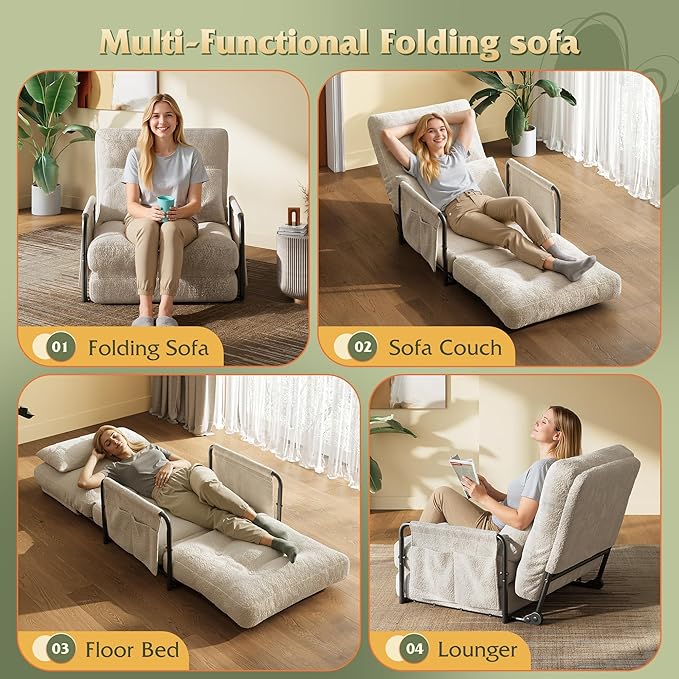 WLIVE Futon Sofa Bed Couch with Adjustable Backrest, Bean Bag Chairs for Adults, Floor Couch with Armrest, Pillow, Low Profile Floor Seating for Living Room, Reading, Bedroom, Single, Beige