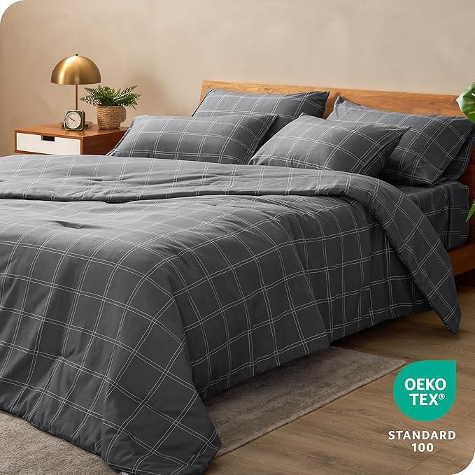 Bare Home Bed-in-A-Bag 7 Piece Comforter & Sheet Set - Full - Track Stitch - Goose Down Alternative - Ultra-Soft 1800 Premium - Bedding Set (Full, Modern Plaid - Grey/White)
