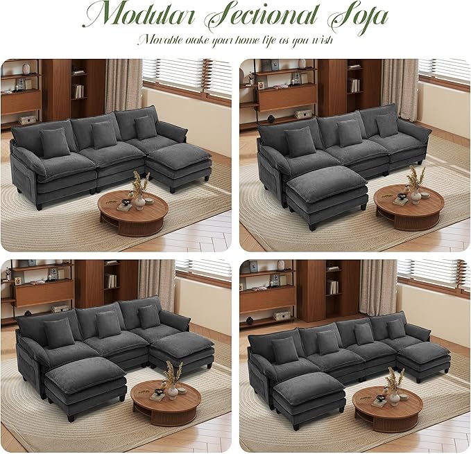 Comfy Cloud Couch with Movable Ottoman, Modular Sectional Sofa, 106" L Shaped Modern Sofa with Pillows, Deep Seat Couches for Living Room, Bedroom and Apartment, Grey
