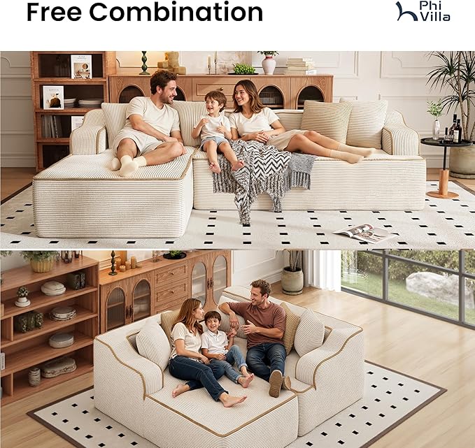 PHI VILLA 104" Cloud Sectional Sofa, Modern L-Shaped Couch with Deep Seat, Compressed Couches for Apartment Living Room, No Assembly Required, Corduroy, Beige
