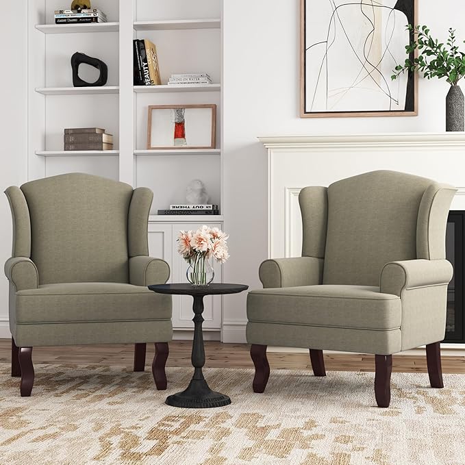 DREAMSIDEA Accent Chair, High Back Upholstered Armchair with High Resilience Sponge & Wood Legs, Mid-Century Modern Comfy Single Sofa Reading Chairs for Living Room, Bedroom (Light Camel, Set of 2)