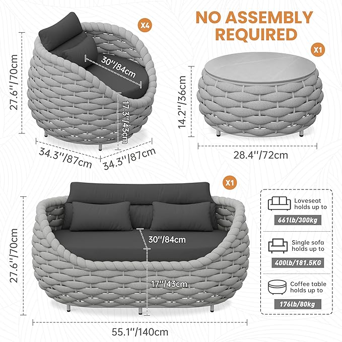 Erotr Aluminum Outdoor Patio Furniture Set: 6 Pieces Porch Rope Conversation Sofa Set - Modern Woven Deck Couch Set Cushioned - No Assembly All Weather Seating for 660lbs Yard Garden Lanai Hotel Pool