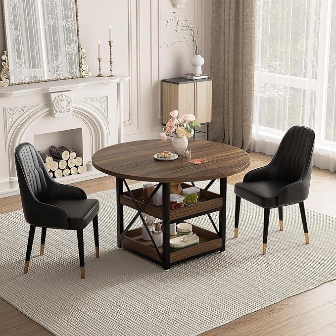 Round Dining Table with Storage for 4, Modern Kitchen Table for Small Space, Space Saving Dining Table for Dining Room, Apartment, or Breakfast Nook (Boxwood Color- Table Only)