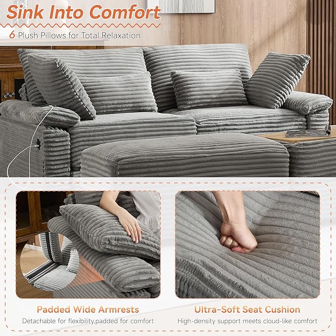 75" Corduroy Loveseat with Storage Ottoman, Cloud Deep Seat Couch with Convertible Ottoman Coffee Table & USB, Double Chaise Lounge for Living Room, Grey
