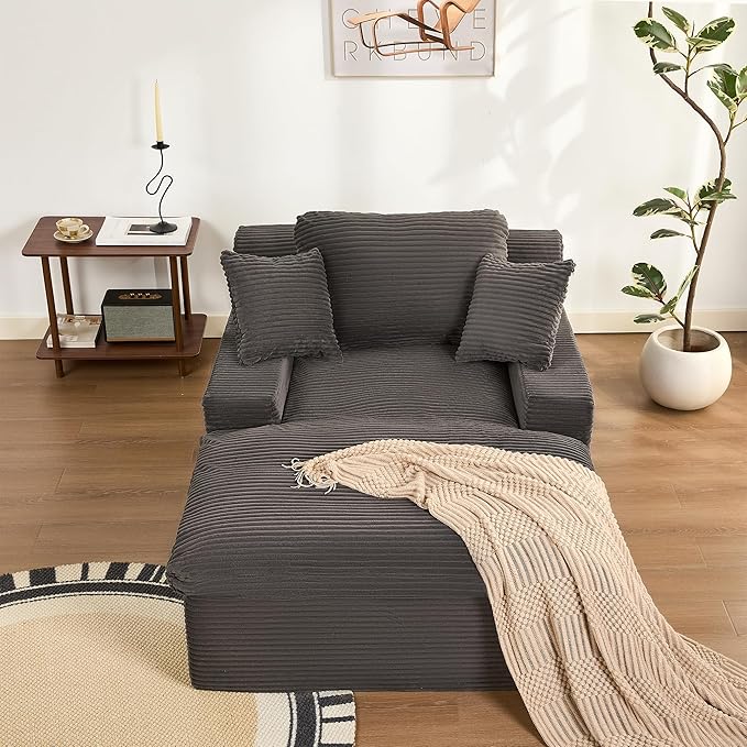 63" Oversized Boneless Chaise Lounge Chair, Extra Cloud Layer, Convertible Sleeper Sofa Couch with Removable Pillows & Side Pockets, Corduroy Upholstered Sofa Bed with Armrests for Living Room, Grey