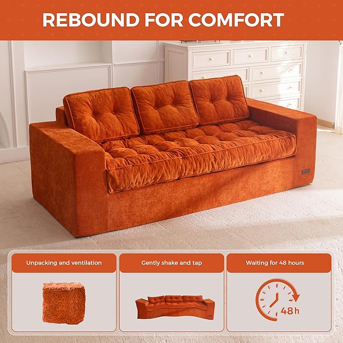 MAXYOYO Boneless Sofa Couch, Loveseat Sofa for Small Space, Tufted 3-Seater Floor Couch Bean Bag Chair for Living Room Bedroom Apartment, Sofa in a Box, No Assembly Needed, Orange