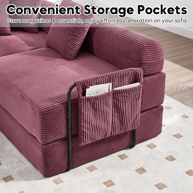 L Shape Convertible Sofa Bed with Cylindrical Pillow and Storage Pocket, Convertible Sofa Couch Bed with Support Frame for Living Room Bedroom Children Room-Red