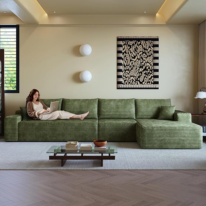 AUGOP 136" Sectional Couches for Living Room Modern Modular Sofa with L-Shape Couchs Upholstered Boneless Couch Deep Seat Sectional Couch with Chaise (Green, Right Facing Chaise+3Seaters)
