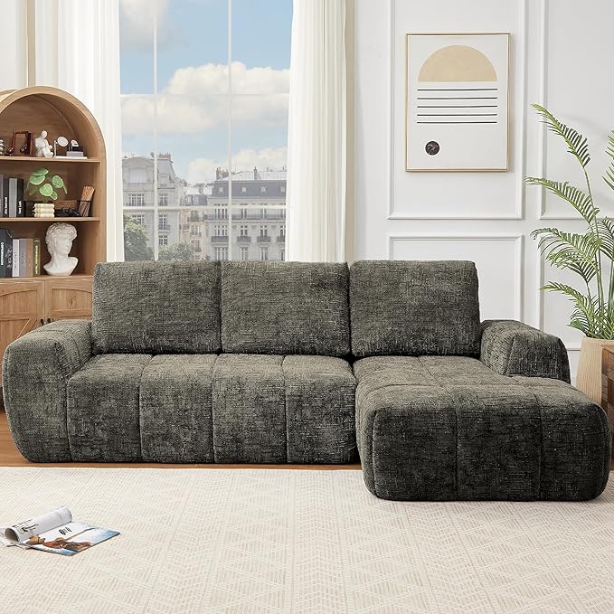 KEIKI Sectional Chenille Floor Sofa, Convertible L-Shaped Boneless Cloud Sleeper Couch with Chaise Lounge, Space Saving Modular Couches Bed for Living Room Bedroom, No Assembly Required, Ripe Olive