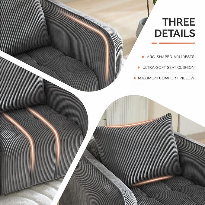 Corduroy Boneless Living Room Sets, Modern Upholstered 3 Seater Sofa with 2 Signle Accent Chairs, Comfy Deep Seat Cloud Sofa Couch Sets for Living Room, Grey