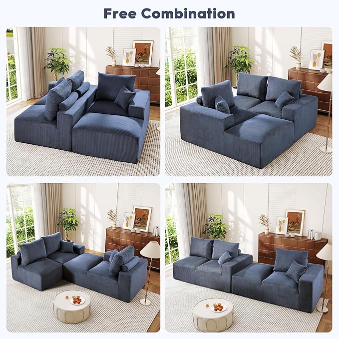 WESTSETLUX 108” Cloud Sectional Sofa Couch with High-Seat, Corduroy Modular Sofa with Oversized Chaise, High-Back Modern L-Shaped Couches for Living Room, No Assembly Required (Blue)