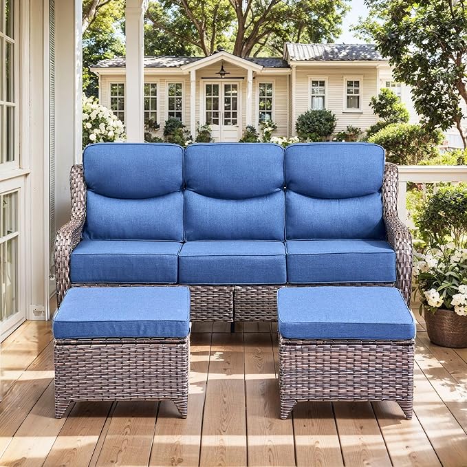 HUMMUH 7 Pieces Wicker Patio Furniture Set with Patio Swivel Chairs Set of 4,High Back Outdoor Sofa Coffee Table Ottomans,6 Inch Thick Cushions Outdoor Conversation Set for Porch, Balcony, Deck