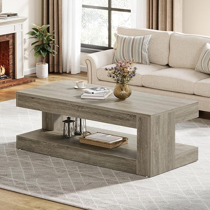 Tribesigns Coffee Table for Living Room, 47.24 Inch Farmhouse 2-Tier Accent Center Tea Cocktail Table with Storage, Elegant Grey, Rectangular