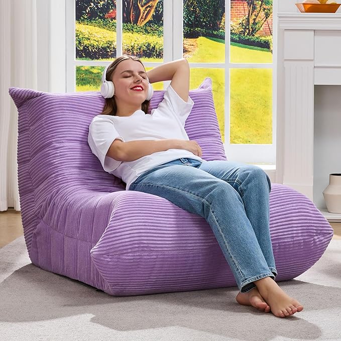 Bean Bag Chairs for Adults Giant Bean Bag Chair Memory Foam BeanBag Chair Bean Bag Sofa with Filler Faux Fur Fireside Beanbags Lazy Sofa for Living Room Bedroom Office (Purple Corduroy, Single)