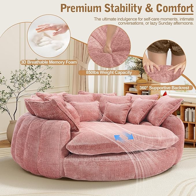 82'' Oversized Upholstered Sofa Bed, Round Chaise Lounge Chair Indoor, Modern Chenille Boneless Couch, No Assembly Required, Plush Sleeper Chair with 14 Pillows for Living Room, Pink