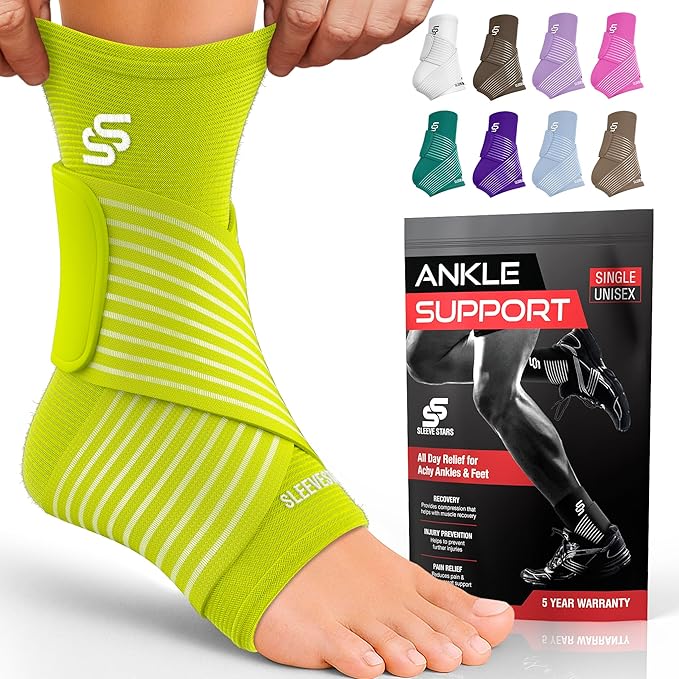 Sleeve Stars Ankle Support for Ligament Damage & Sprained Ankle, Plantar Fasciitis Support & Achilles Tendonitis Pain Relief, Ankle Brace for Women & Men w/Compression Ankle Strap (Single/Neon Green)
