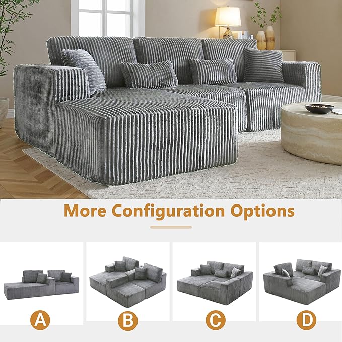 110” Modular Sectional Sofa, Cloud Sectional Couch with Deep Seat, Upholstered Boneless Couches for Living Room, Modern Modular L-Shape Sofa Couch with Chaise (Grey, 110" Left Facing Chaise)