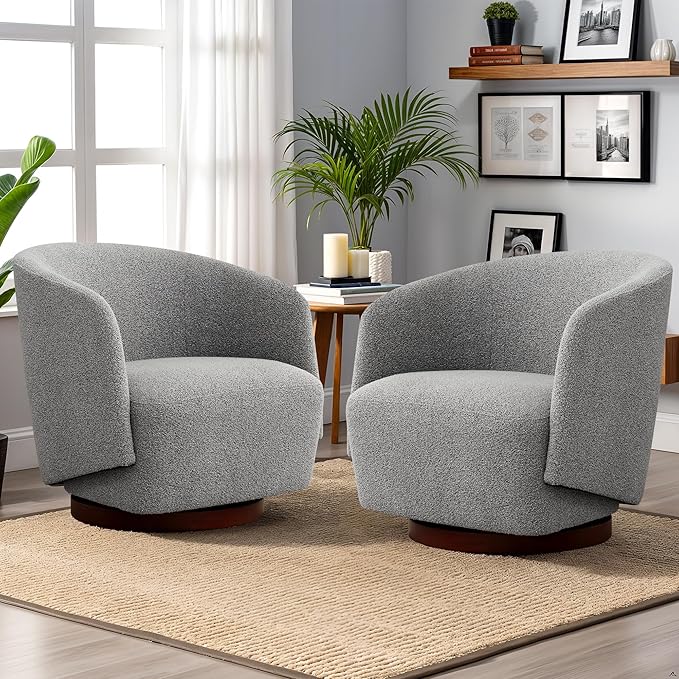 Boucle Swivel Accent Chairs Set of 2, No Assembly Upholstered Armchair with Rubberwood Base, 360° Rotating Living Room Chairs Set of 2 for Bedroom, Apartment & Reading Nook (2, Light Grey)