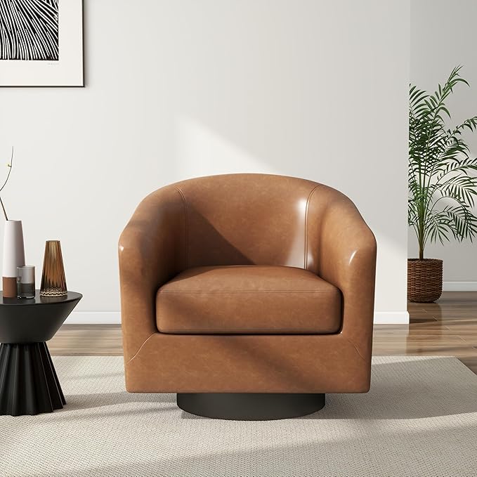 Swivel Barrel Chair, Modern Round PU Leather Accent Armchair for Living Room, Bedroom, Oversized Comfy Club Reading Chairs for Adults (Leather Brown, Set of 1)