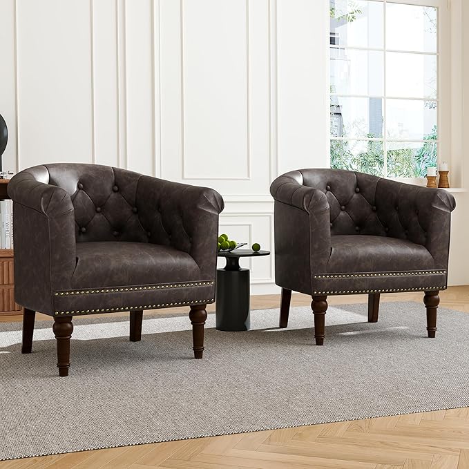 DREAMSIDEA Accent Chair, Upholstered Faux Leather Barrel Chair with Nailed Trim, Comfy Club Armchair for Reading Living Room Bedroom Waiting Room (Chocolate, Set of 4)