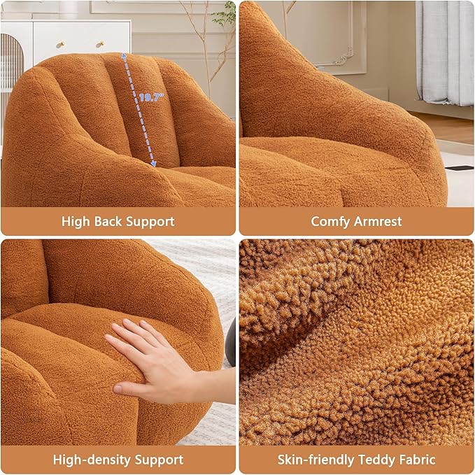 Setawix Bean Bag Chair with Filler, Comfy Teddy Bean Bag Chairs for Adults and Kids, Cozy BeanBag Sofa Fully Floor Couch with Memory Foam for Living Room Bedroom,Yellow