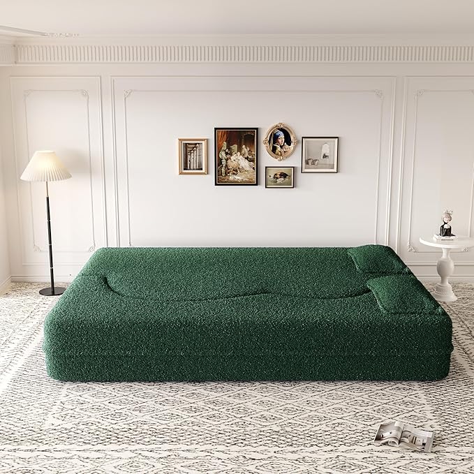 SZLIZCCC 78'' Modern Floor Sofa Bed, Convertible Teddy Fabric Sleeper with 2 Pillows, Modern Teddy Fabric Floor, Foam Folding Mattress for Living Room, Guest Bed, Playroom & Small Spaces (Green)
