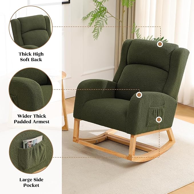 HCHAIRH Rocking Chair Nursery, Nursing Rocking Chairs for Mom Nursery, Comfy Wingback Teddy Glider Rocking Armchair with Foot Rest and Side Pocket for Nursery Living Room Bedroom, Green