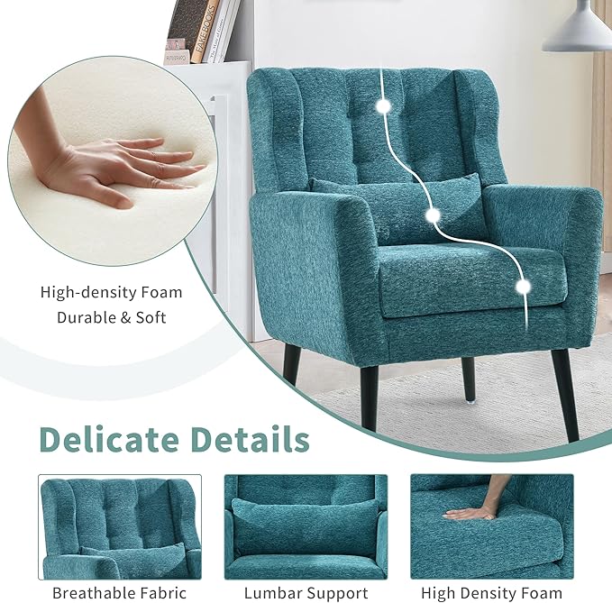 CHSICFOR Modern Accent Chair, Upholstered Arm Chair with Waist Pillow, Single Sofa Chair for Living Room Bedroom Small Spaces (Teal)