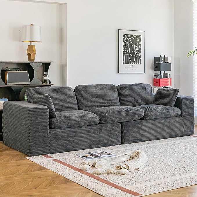 Esright 110" Oversized Sofa for Living Room, Cloud Boneless Couch with Fluffy Seat Cushions, 3 Seater Upholstered Floor Sofa, No Assembly Required, Grey