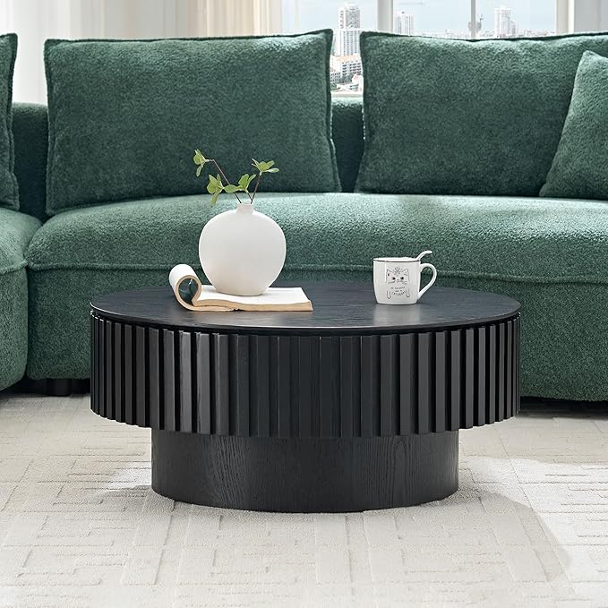 31.49'' Nesting Round Wood Coffee Table with Storage for Apartment, Modern Living Room Coffee Table with Sturdy Pedestal (Black, Ø31.49 x 13.77 with Storage)