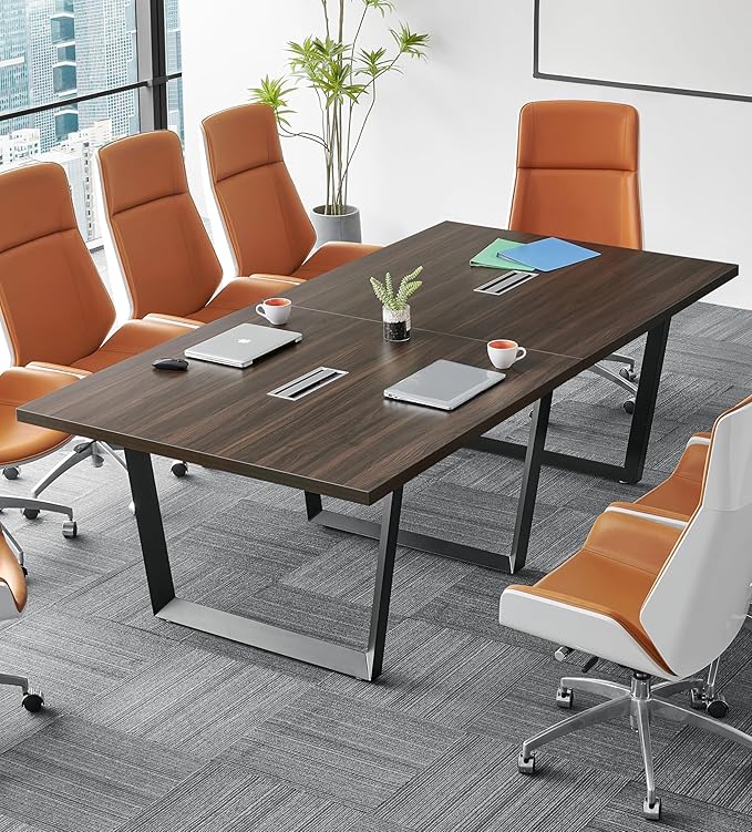 ahliss Sturdy Conference Table with Cable Management Grommets Modern Rectangle Office Meeting Table with Wood Tabletop and Metal Frame & Legs- Easy Assembly Boardroom Table (Dark Brown, 8 Foot)