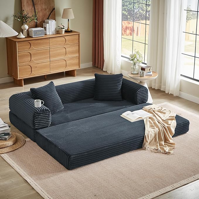 Chorlenimi Boneless Couch Futon Sofa Bed Sectional Couches for Living Room,Cloud Couch with Sleeper Sofa,Sofas for Living Room Oversized Corduroy Upholstered (Gray, 76 Inches (No Iron Frame))