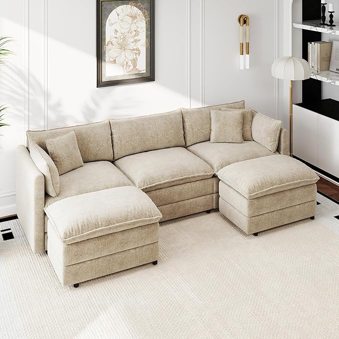 Aoowow Modular Sectional Sofa Modern Convertible U Shaped Couch,112.2 Inch Deep 3-Seater Sofas Set Comfy Chenille Cloud Sofas and Couches with Movable Ottoman for Living Room Apartment（Camel）