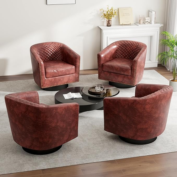 DREAMSIDEA Swivel Barrel Accent Chair, Comfy Modern Upholstered Round Faux Leather Arm Chair for Living Room, Bedroom（Red Brown, Set of 2
