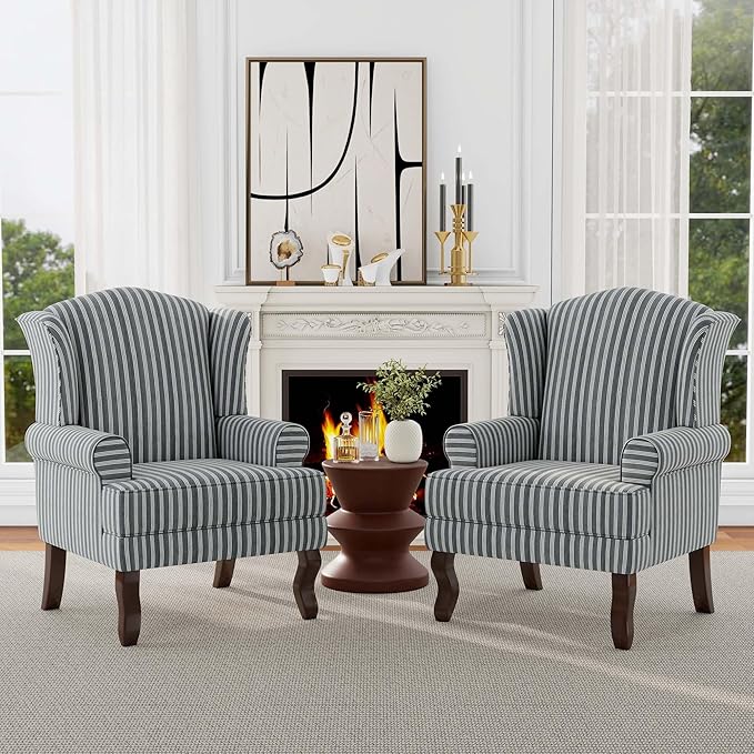 DREAMSIDEA Accent Chair, High Back Upholstered Armchair with High Resilience Sponge & Wood Legs, Mid-Century Modern Comfy Single Sofa Reading Chairs for Living Room, Bedroom (Stripe Grey, Set of 1)