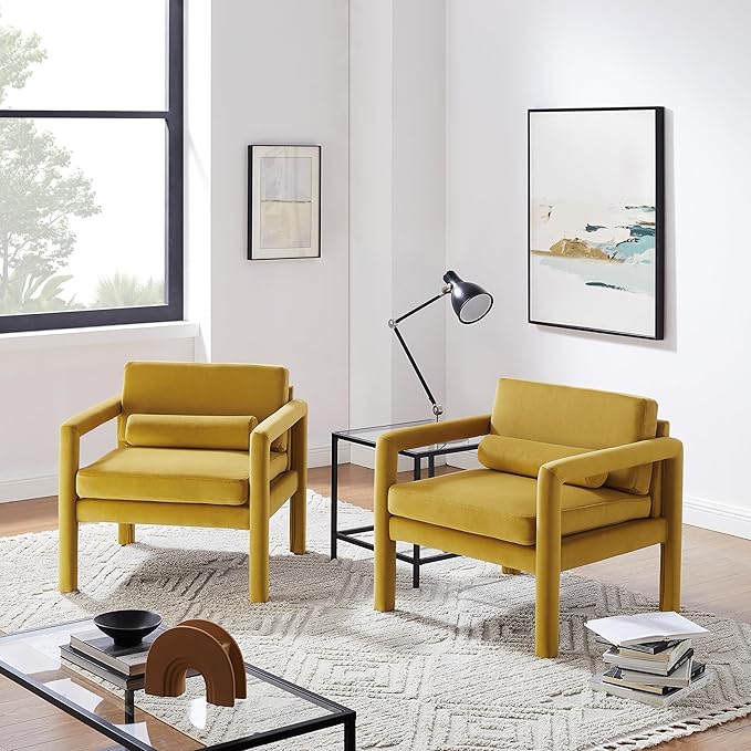 Art Leon Modern Accent Chair, Velvet Upholstered Arm Chair with Pillow, Single Sofa Chair for Living Room Bedroom, Yellow