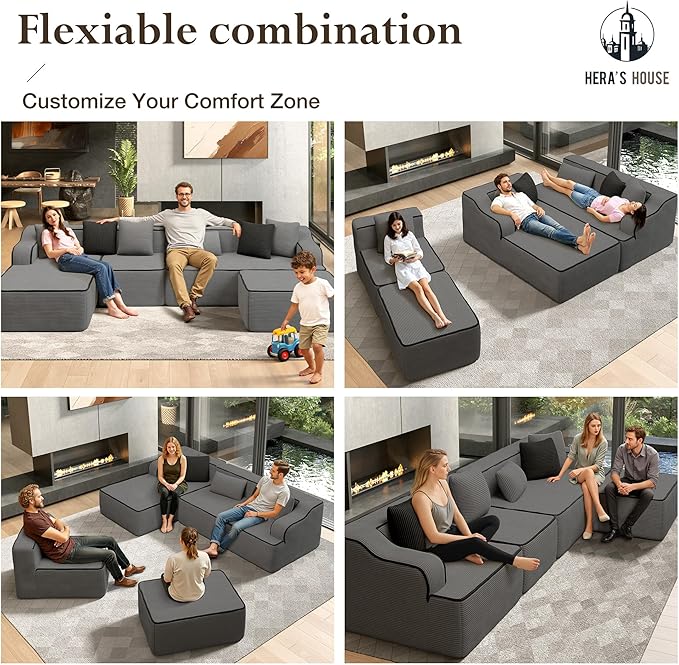 HERA'S HOUSE 134" Cloud Sectional Couch, U-Shaped Modular Upholstered Sofa with Ottoman, Corduroy Boneless Couches with Wide Armrest and 6 Throw Pillows for Living Room, No Assembly Required, Grey