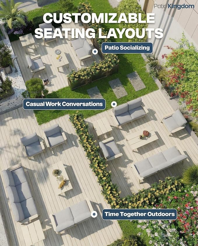 Patio Kingdom Patio Furniture Set with Washable Thick Gray Cushions, Coffee Table & Side Table, HDPE Outdoor Couch, All-Weather Outdoor Sectional Furniture, Patio Conversation Sets (White Frame)