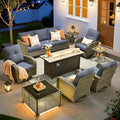 ovios 9 Pieces Patio Furniture Set, Outdoor Wicker Sofa Couch with Rocking Swivel Chairs Fire Pit Table, Modern Deep Seat Rattan Conversation Sets for Deck Porch, Denim Blue