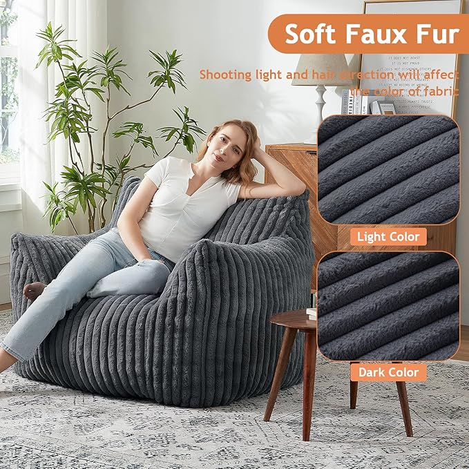 Giant Bean Bag Chairs for Adults with Filling Plush Fluffy Bean Bag Chairs for Teens with Armrests Comfy BeanBag Lazy Couch Sofa Chair for Bedroom Living Room Reading