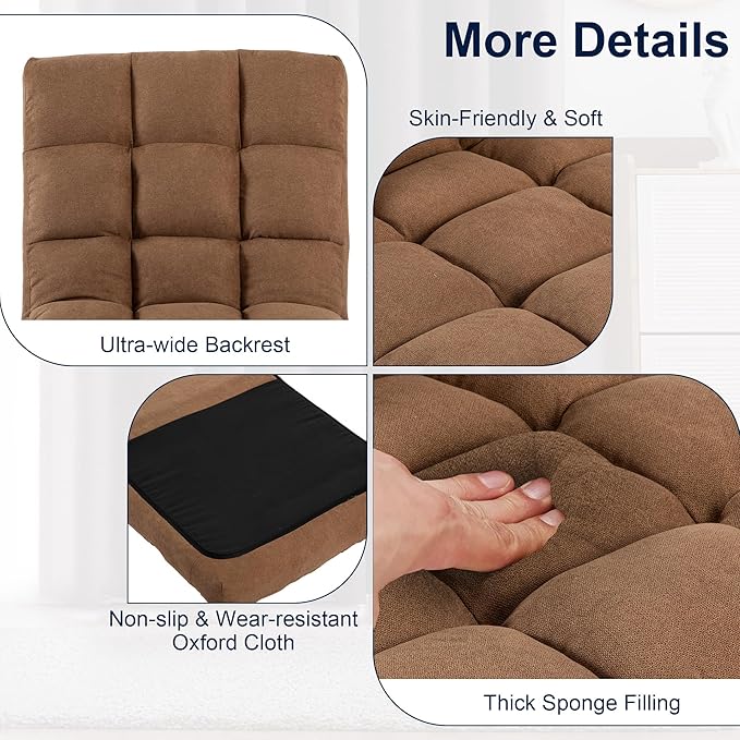 Floor Chair, 24 inches Wide Oversized Velvet Armless Lay Flat Floor seat Padded Meditation Chair with 6 Adjustable Position Ergonomic Comfortable Convenient(LRSF-006-TAN)