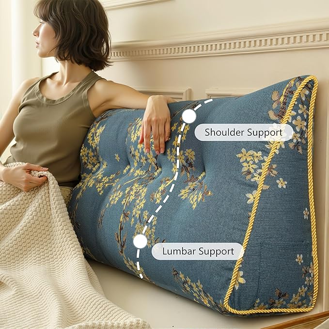 WOWMAX Headboard Pillow Queen Triangular Wedge Pillow for Headboard Wedge Pillow Headboard for Daybed Bunk Bed Large Bolster Pillow for Bed with Removable Cover, Lake Blue