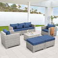 WAROOM Patio Furniture Set 6 Piece Outdoor Patio Set Grey Wicker Balcony Furniture Conversation Sets PE Rattan Couch Sofa with Coffee Table, Blue Cushion