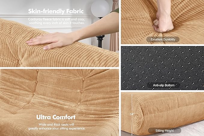 Bean Bag Chair,Giant Beanbag Chairs for Adults,Comfy Large Fireside Chair Lazy Sofa,Corduroy Bean Bag Lounger with Memory Foam Filled,Floor Sofa Couch for Home,Living Room (Khaki, 3-Seater)