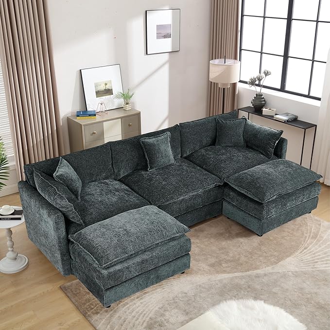 Aoowow Modular Sectional Sofa Modern Convertible U Shaped Couch,112.2 Inch Deep 3-Seater Sofas Set Comfy Chenille Cloud Sofas and Couches with Movable Ottoman for Living Room Apartment（Grey）