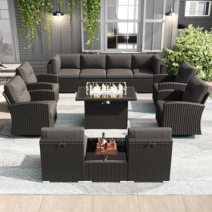 LayinSun 12 Pieces Patio Furniture Set with Fire Pit Table, Black Rattan Modular Sectional Outdoor Conversation Sofa Set, Swivel Rocking Chairs Set