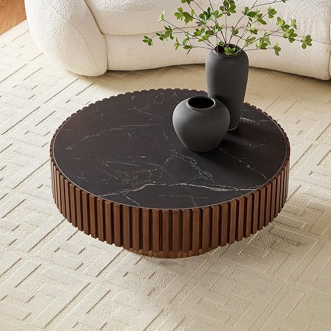 35.43''/90CM Modern Drum Coffee Table, Luxury Circle Wood Coffee Table for Apartment,Small Space (Walnut, Ø35.43 x 13.77 Sintered Stone Tabletop)