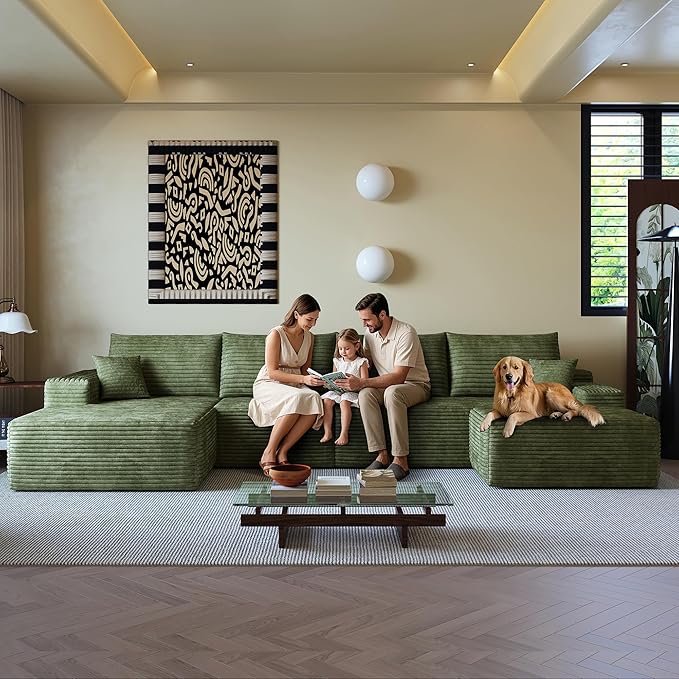 AUGOP 136" Sectional Couches for Living Room Modern Modular Sofa with L-Shape Couchs Upholstered Boneless Couch Deep Seat Sectional Couch with Chaise (Green, Left Facing Chaise+3Seaters+Ottoman)